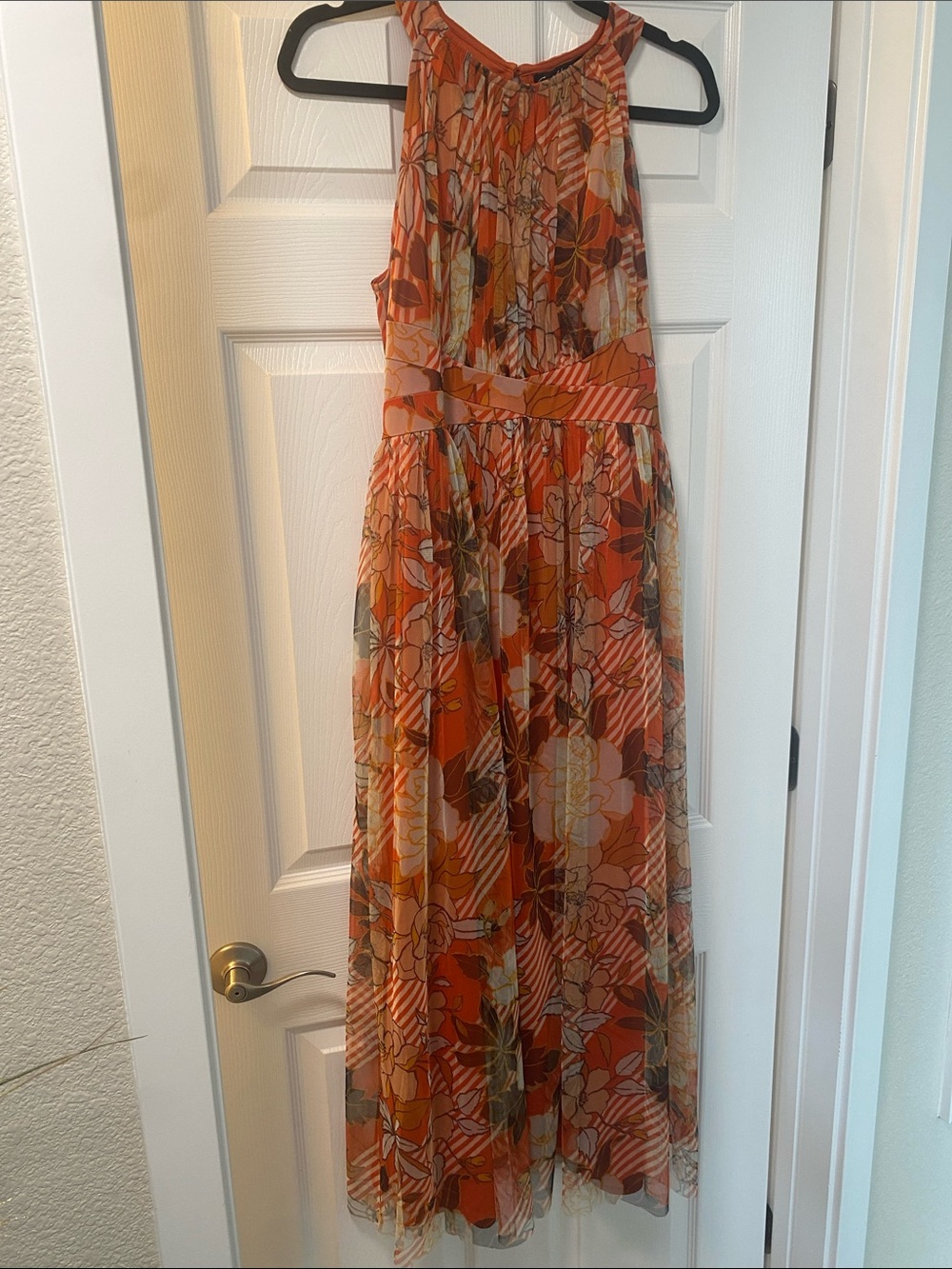 Candalite  Petite FLORAL Halter Maxi Dress in Rust Orange, Yellow & Brown Sz LP
